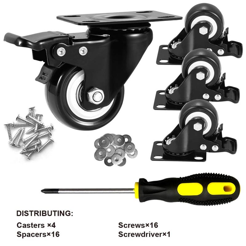 ASHGOOB 2" Caster Wheels Set of 4, Heavy Duty Casters with Brake, No Noise Locking Polyurethane (PU) Wheels, Swivel Plate Castors Pack 4 - Image 2